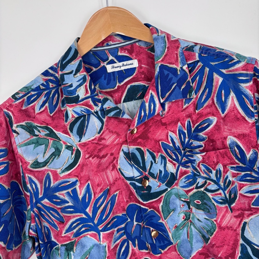 Tommy Bahama Silk Coolmax Camp Shirt Mens Large Pink Blue Tropical Leaf Vacation